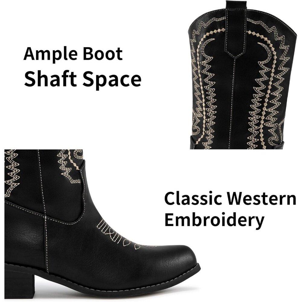 Women's Embroidered Black Mid Calf Western Pointed Toe Low Chunky Heel Boot - Picture 4 of 7